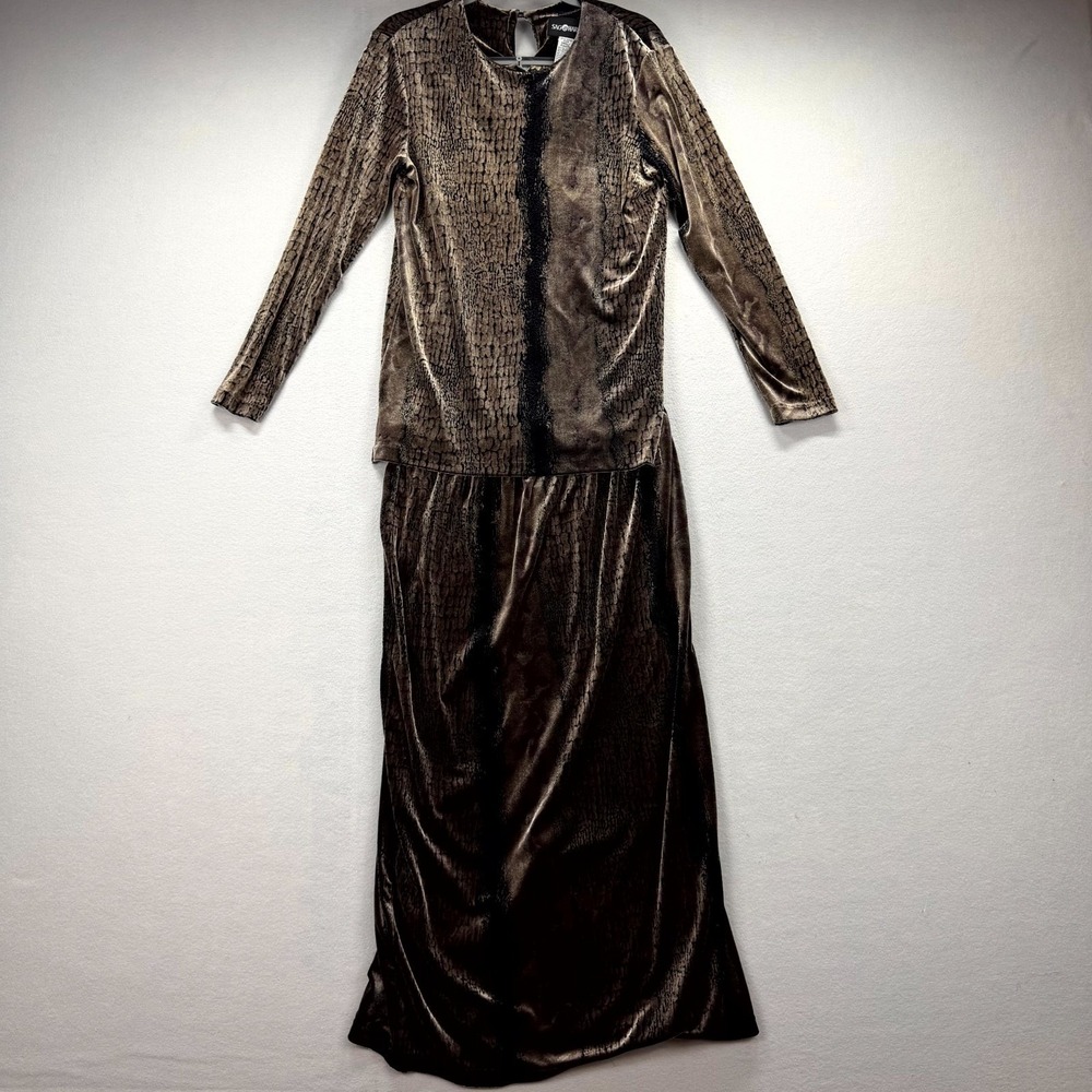Sag Harbor 2 Piece Skirt Set Women Small Brown Black Animal Print Velour Stretch